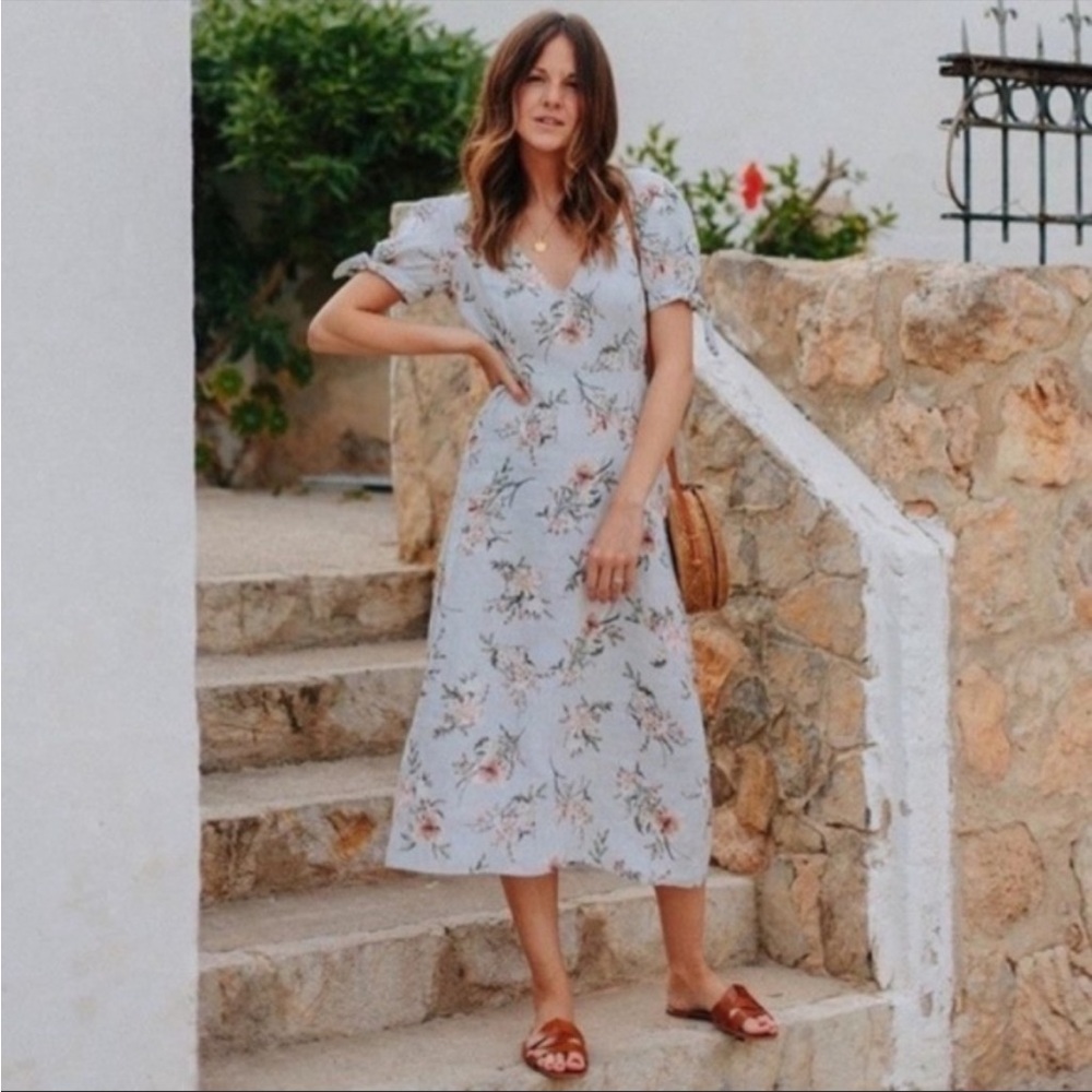 Zara Linen Floral Print Midi Dress Size Medium